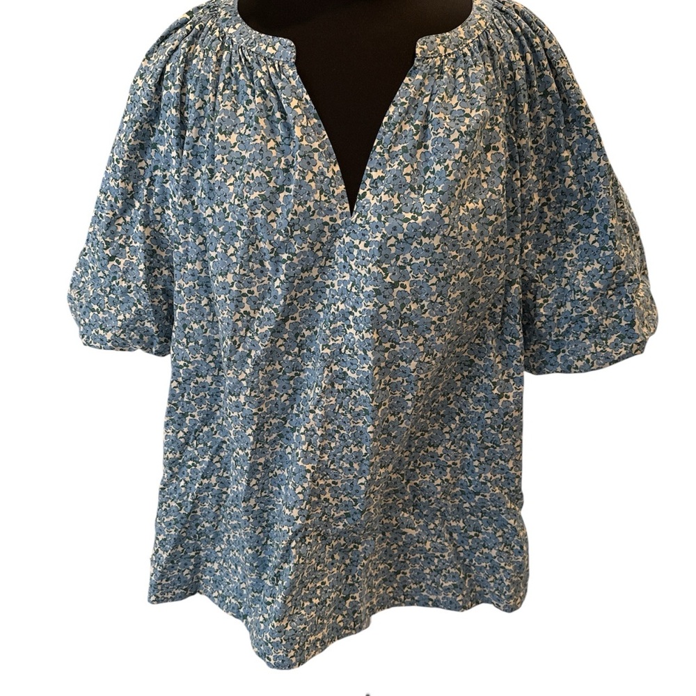 Lane Bryant Blue and White Puff Sleeve Blouse